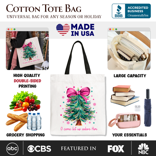 Glitter Christmas Tree Coquette Bow Tote Bag, O Come Let Us Adore Him Holiday Gift Shopper