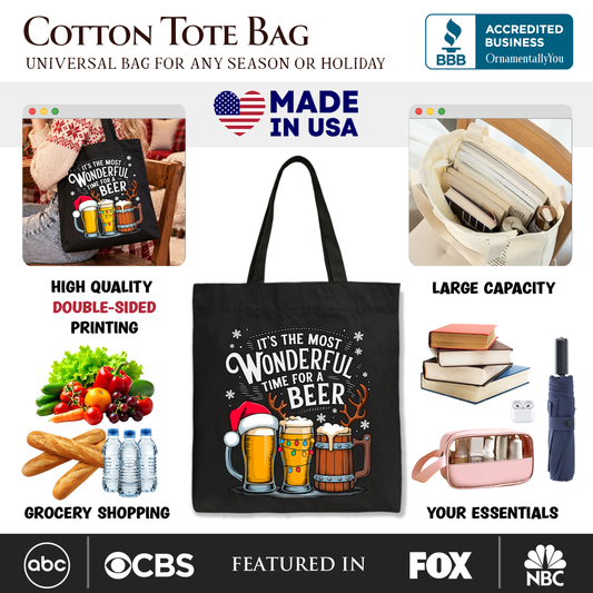 It's The Most Wonderful Time For a Beer Tote Bag, Funny Holiday Beer Christmas Gift Shopper for Festive Drinkers