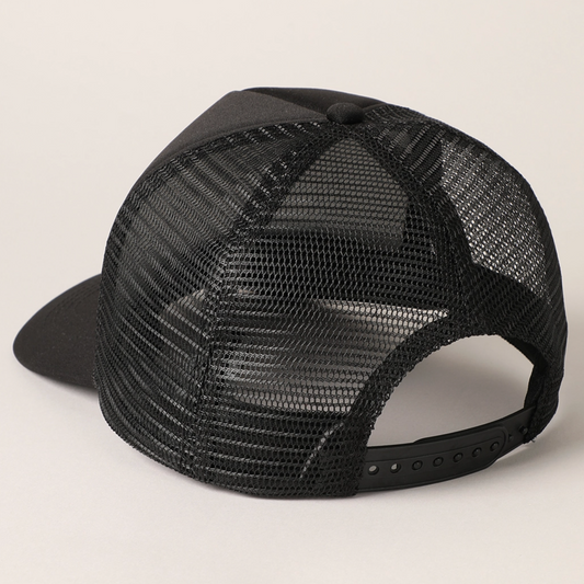 Baseball Happy Face Trucker Hat in Black