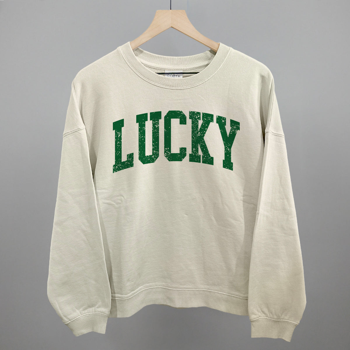 Lucky Collegiate Distressed Funny Oversized Boxy Crewneck Sweatshirt in Bone – Ivy + Cloth