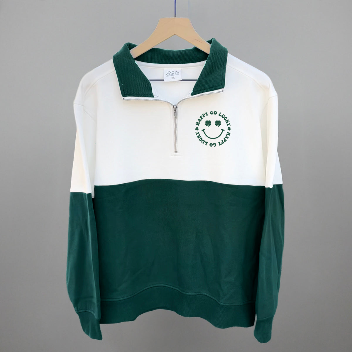 Happy Go Lucky Clover (Left Chest) Funny Colorblock Quarter Zip Pullover in Hunter Green/Cloud Dancer – Ivy + Cloth
