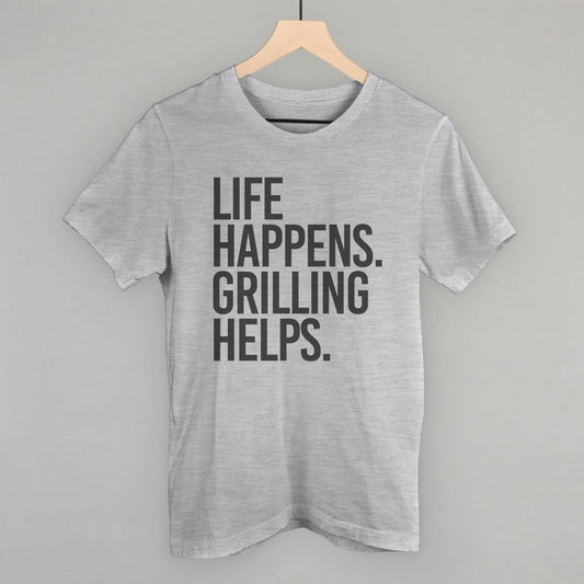 Life Happens Grilling Helps graphic tee in Athletic Heather