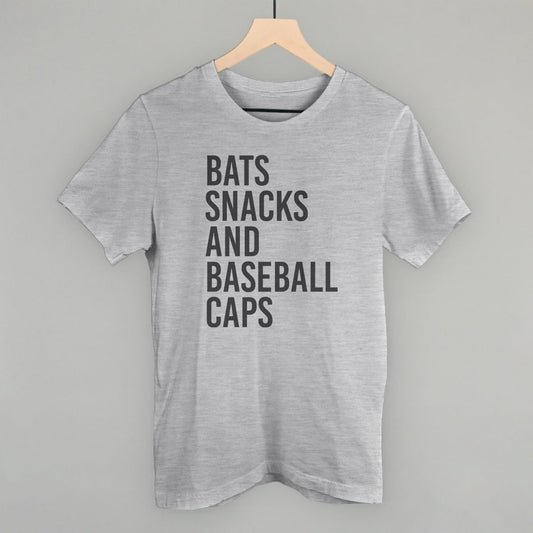 Bats, Snacks, And Baseball Caps Funny T-Shirt in Athletic Heather – Ivy + Cloth