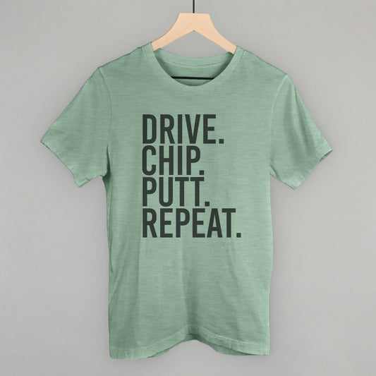 Drive Chip Putt Repeat Golf graphic tee in Heather Sage