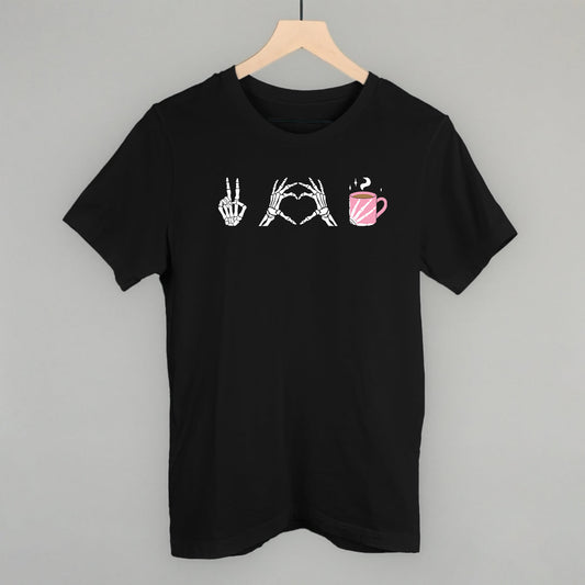 Peace Love Coffee Skeleton Halloween graphic tee in Black