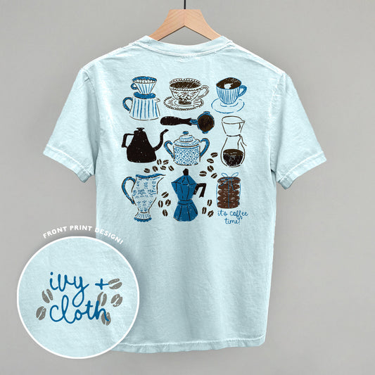 Blue & Brown Coffee Doodles (Back Print) Funny Comfort Colors T-Shirt in Chambray – Ivy + Cloth