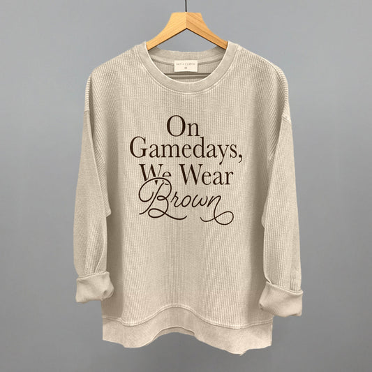 On Game Days We Wear Brown Football graphic oversized corded crew in Moonbeam