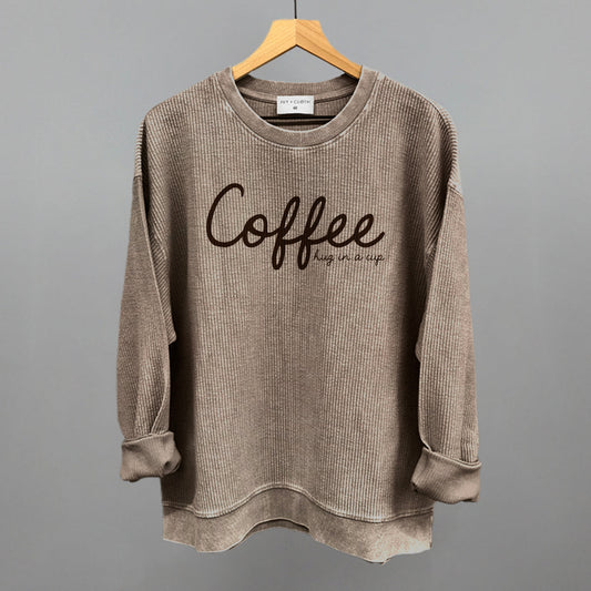 Coffee Is A Hug In A Mug graphic oversized corded crew in Pine Bark