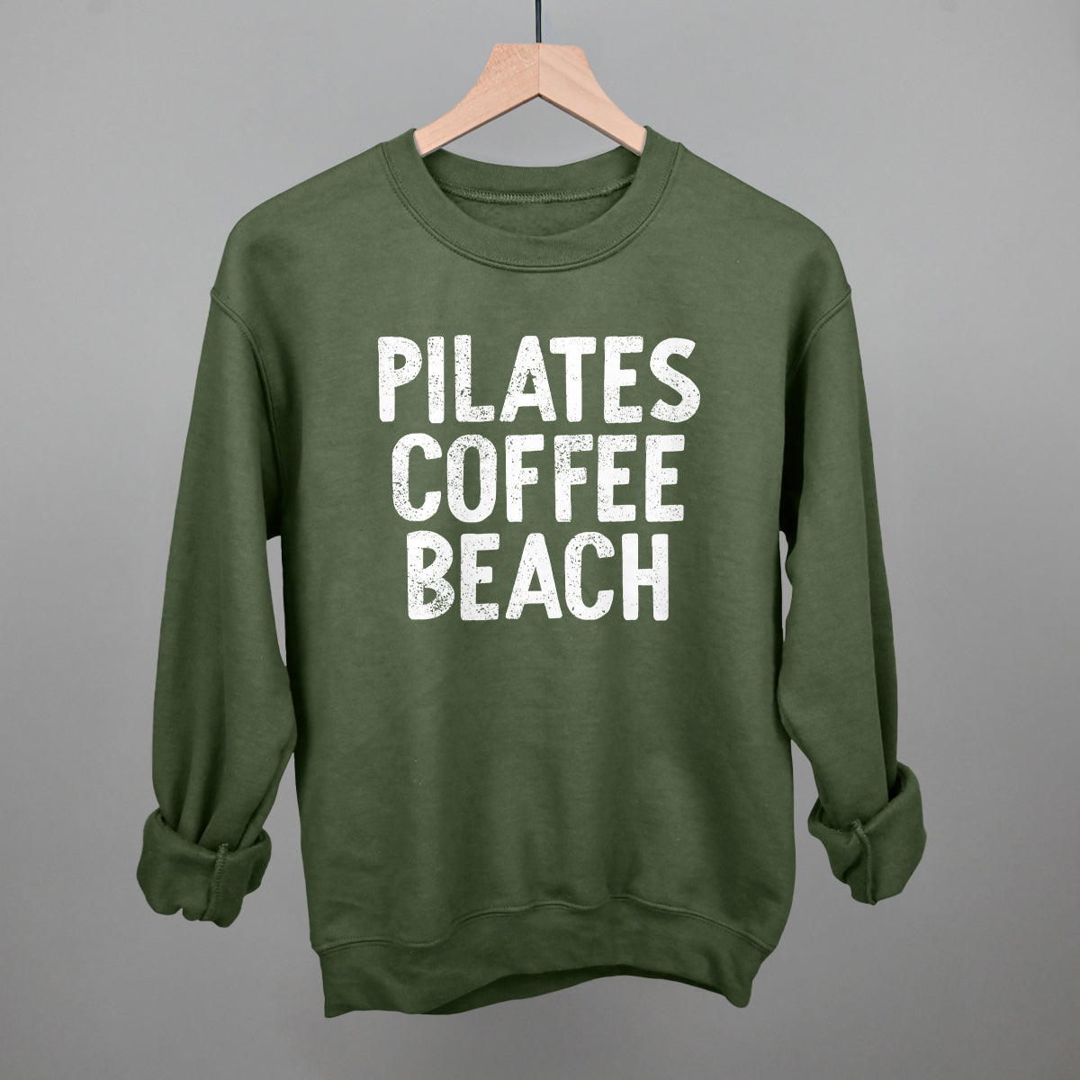 Pilates, Coffee, Beach graphic crewneck sweatshirt in Military Green