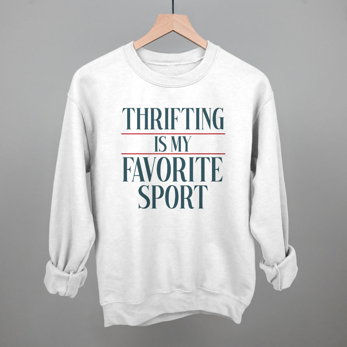Thrifting Is My Favorite Sport graphic crewneck sweatshirt in White