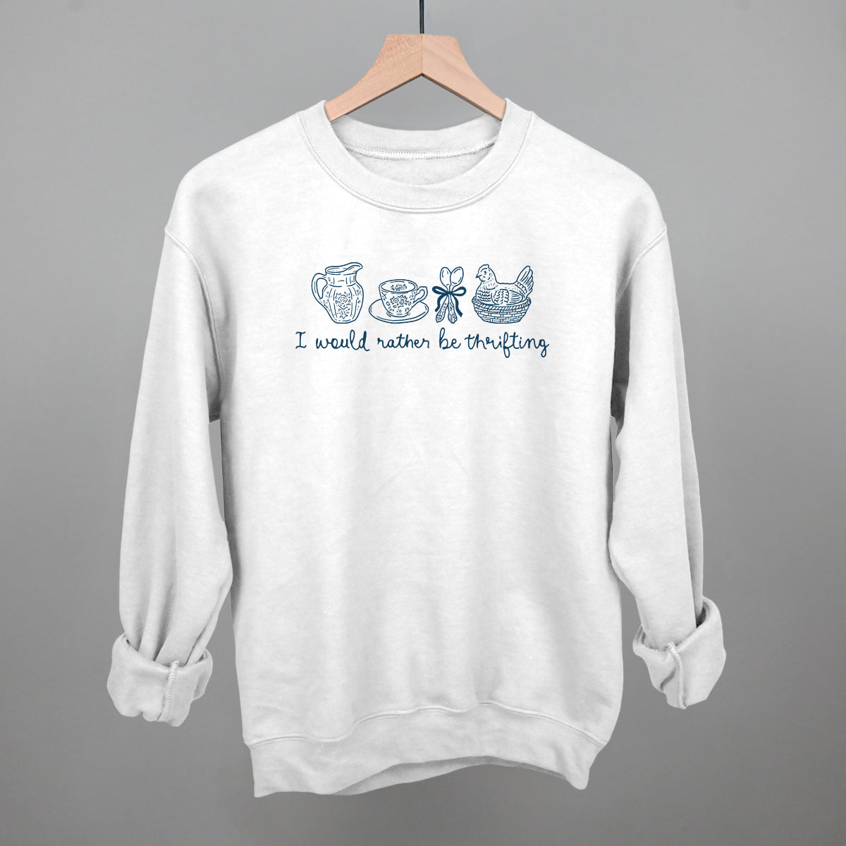 I Would Rather Be Thrifting graphic crewneck sweatshirt in White