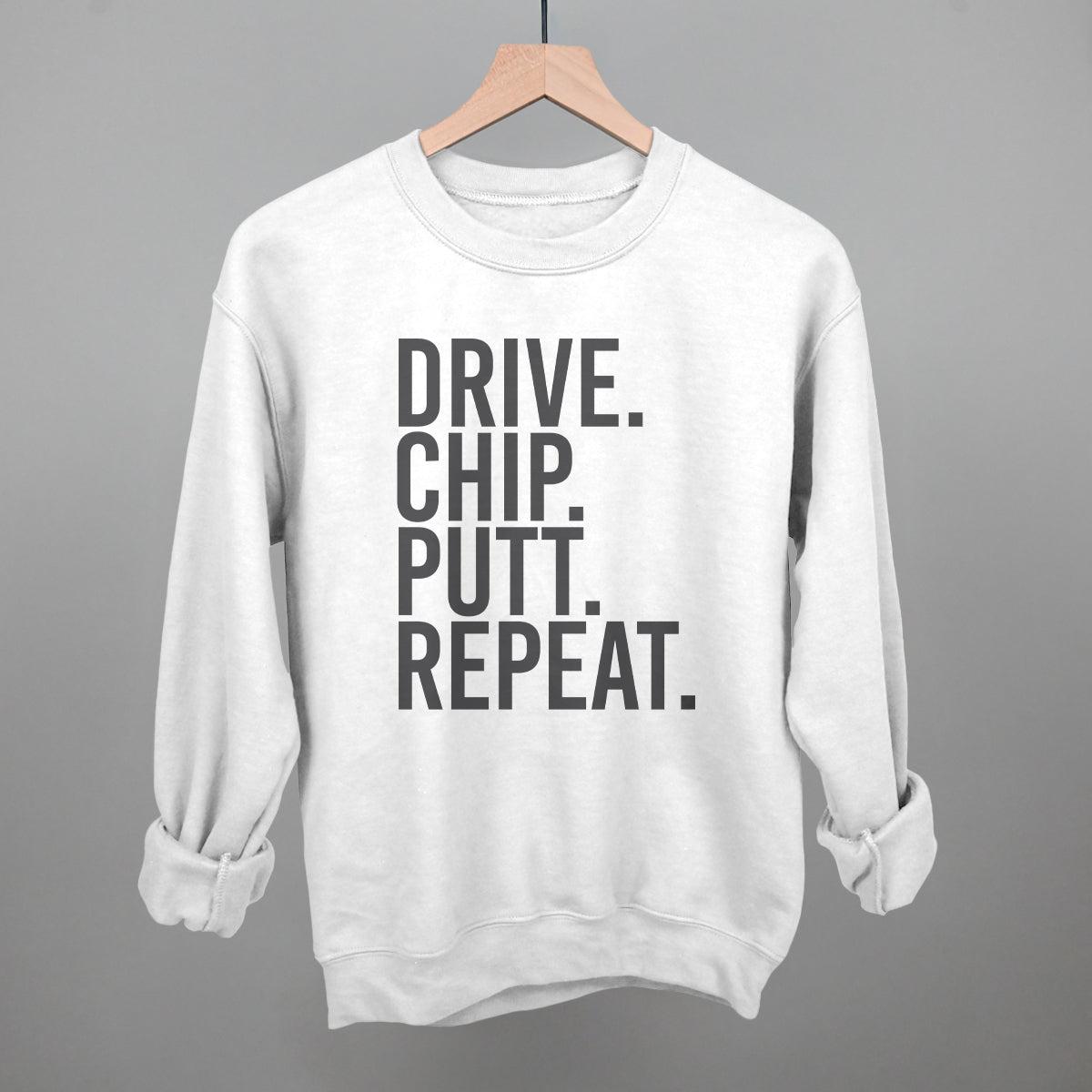 Drive Chip Putt Repeat Golf graphic crewneck sweatshirt in White