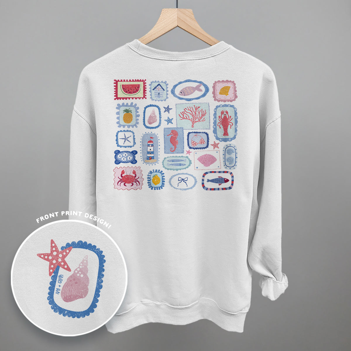 Summer Postage Stamp Doodles (Back Print) Funny Sweatshirt in White – Ivy + Cloth