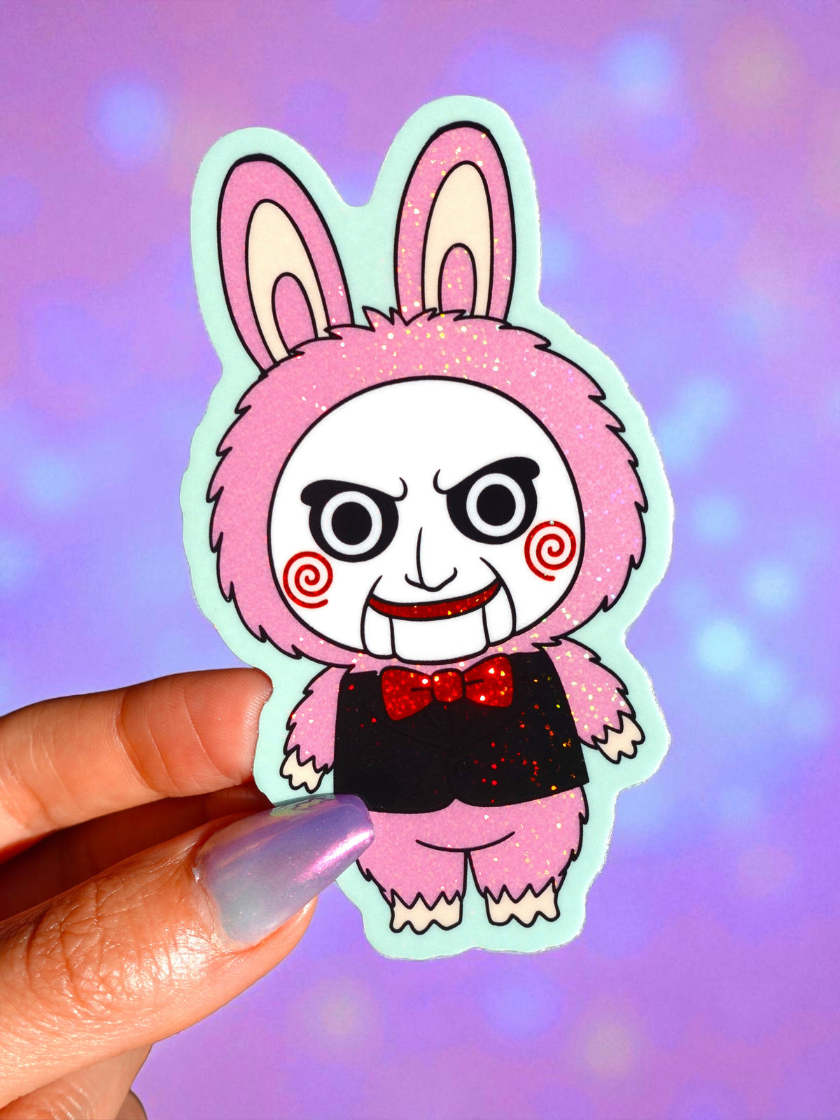 Funny Pink glitter bunny monster vinyl sticker with big ears, black outfit, white outline