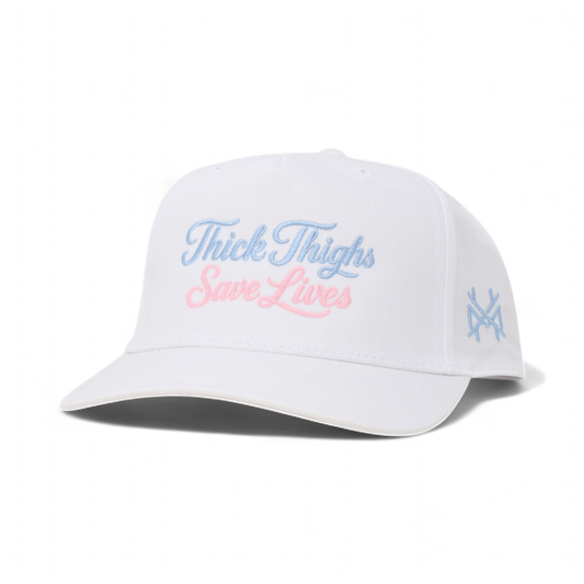Thick Thighs Save Lives Funny Embroidered Snapback Hat in Retro White – Ivy + Cloth