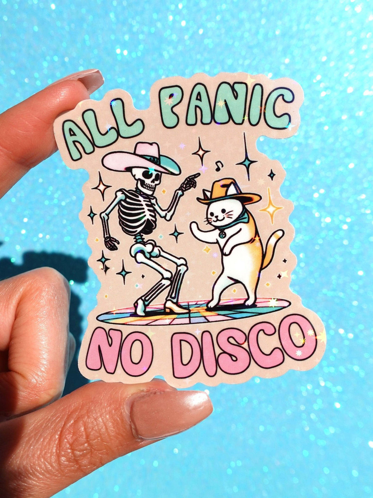 Funny Colorful vinyl sticker with cartoon skeleton and cat, text "All Panic No Disco"