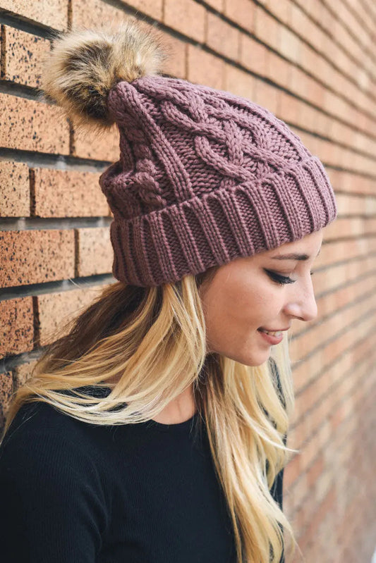 Cable Knit Beanie with Faux Fur Pom knit winter hat in Mauve
