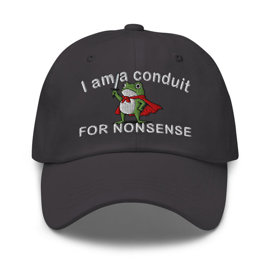 Dark grey dad hat with embroidered frog and FOR NONSENSE text front
