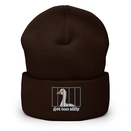 Brown embroidered cuff beanie with “got too silly” graphic on the folded brim