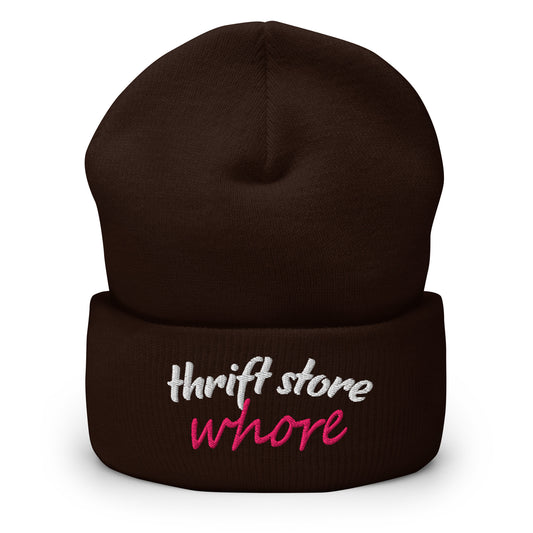 Brown cuff beanie with embroidered "thrift store" and "whore" text