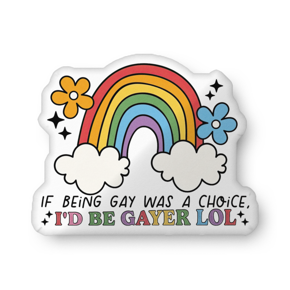 Custom-shaped pillow with rainbow, white clouds, and colorful flower accents