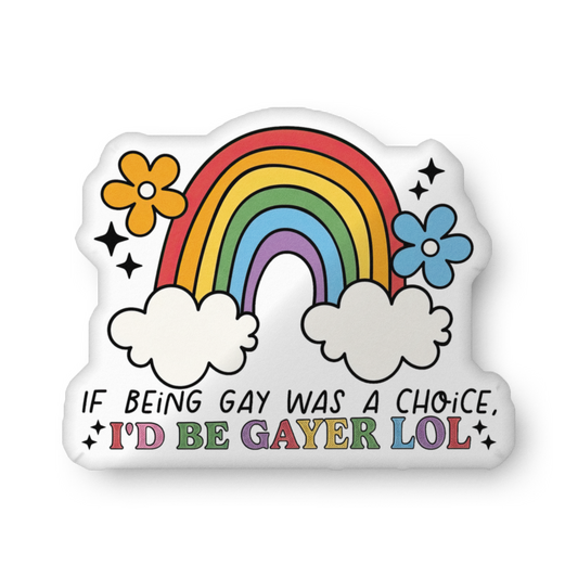 Custom-shaped pillow with rainbow, white clouds, and colorful flower accents