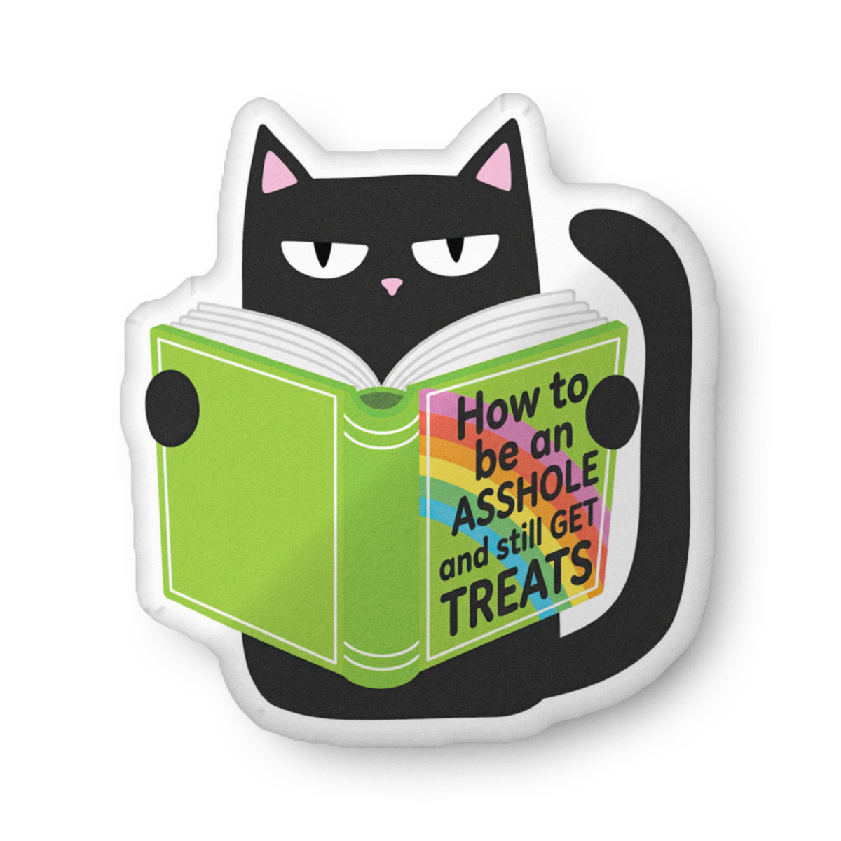 Cat-shaped custom pillow with black cat reading green book graphic