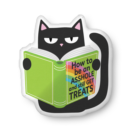 Cat-shaped custom pillow with black cat reading green book graphic