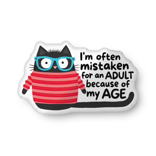 Custom-shaped pillow: cat with blue glasses, red striped belly, printed quote