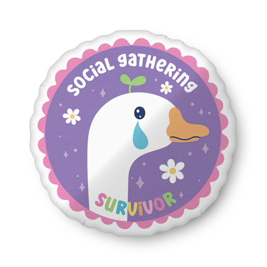 Custom-shaped pillow with purple duck illustration, 'Social gathering Survivor' text