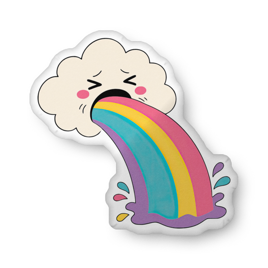Cloud-shaped pillow with rainbow graphic and smiling face, pink blush cheeks