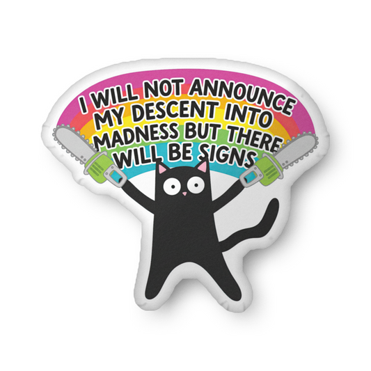 Custom-shaped throw pillow with cat face star and colorful quote design