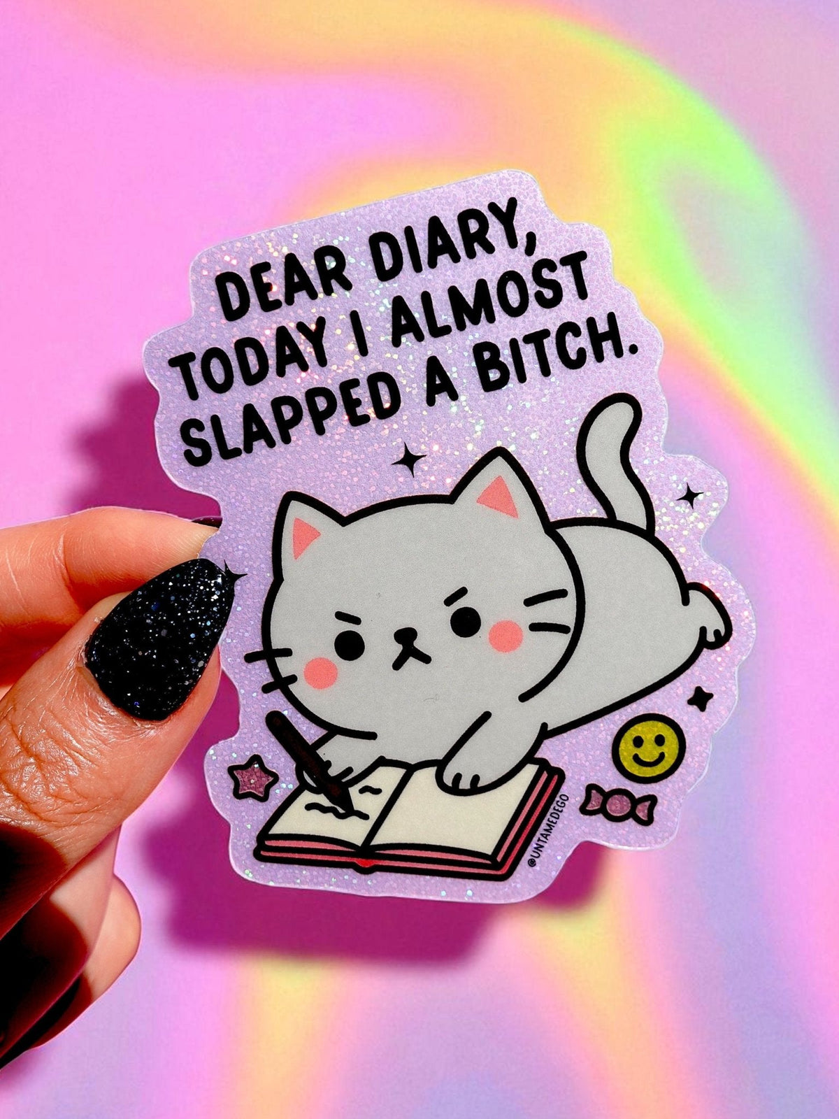 Funny Angry kitty sticker with diary text and cute cat holding a book