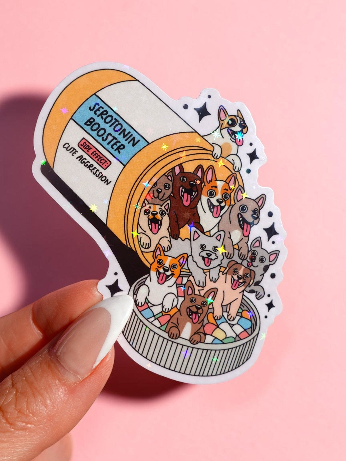 Funny Die-cut dog sticker with collage of cute pups and text 'SEROTONIN BOOSTER'