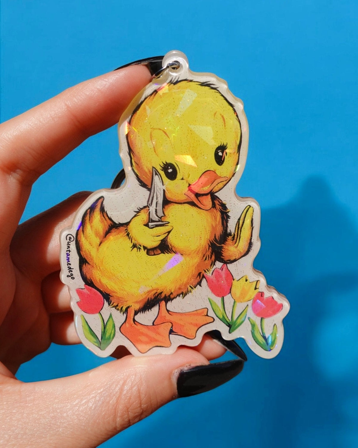 Funny Cartoon duck keychain with metal clasp, yellow duck with tulips on front