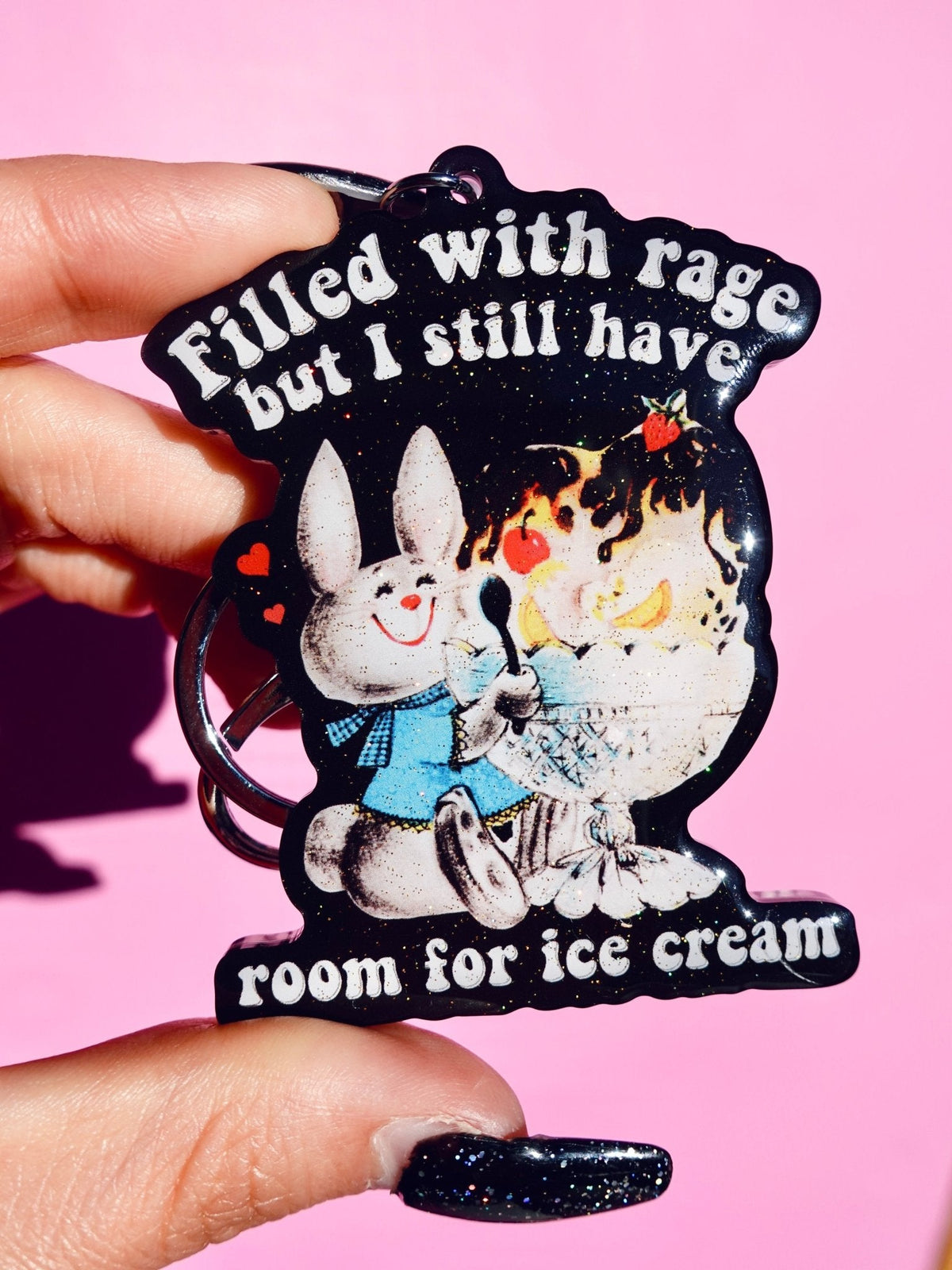 Funny Glitter quote keychain with black rabbit and cat design on round tag