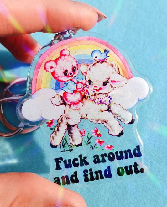 Funny Acrylic keychain with ring, rainbow cloud animals and 'Fuck around and find out' text