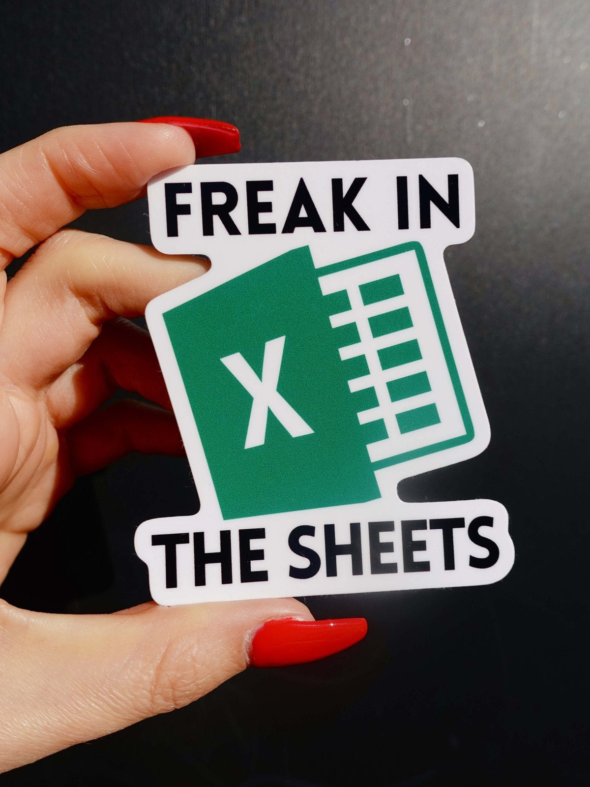 Funny Freak In The Sheets sticker with green X computer icon and bold black text