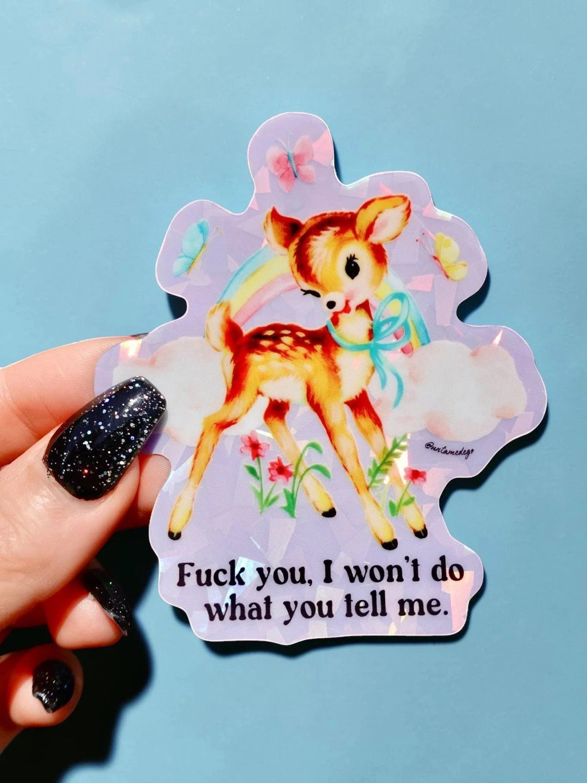 Funny Colorful fox quote sticker with holographic outline, quote text at bottom