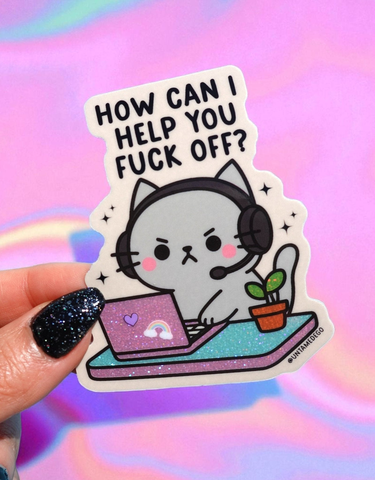Funny Angry cat sticker: headset on, laptop in front; text reads 'HOW CAN I HELP YOU FUCK OFF'