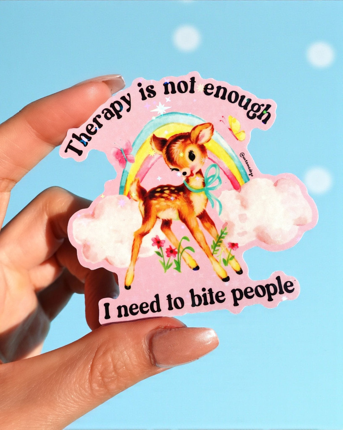 Funny Rainbow animal sticker with text “Therapy is not enough… I need to bite people”