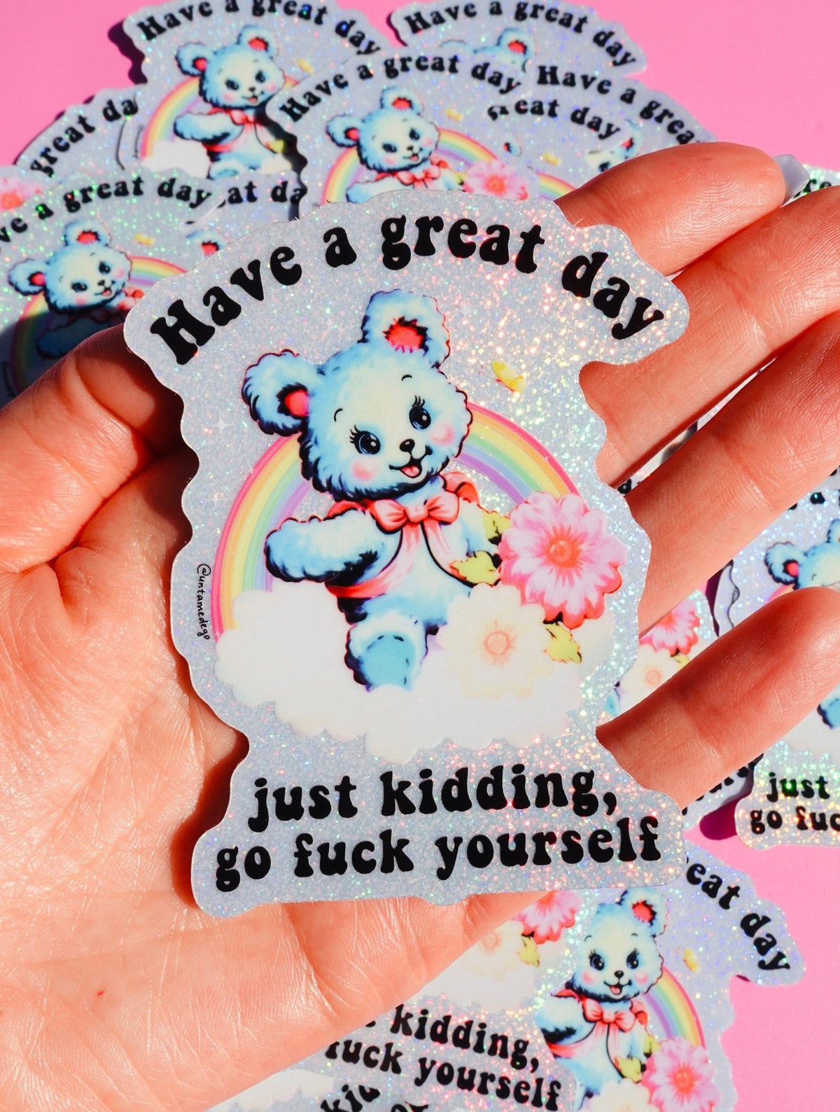 Funny Close-up of rainbow glitter sticker with blue panda, rainbow arch, and 'Have a great day'