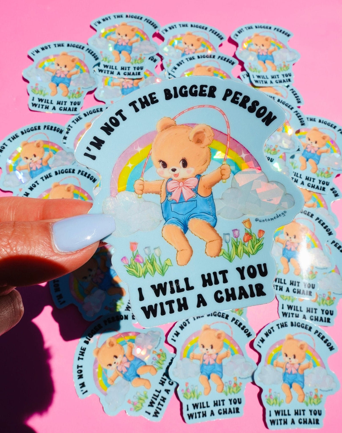 Funny Teddy bear quote sticker with rainbow and clouds, multiple stickers in view