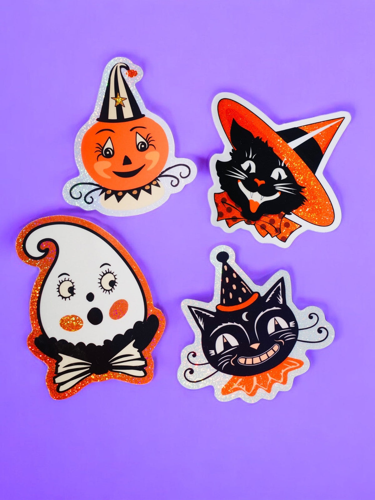 Funny Halloween retro sticker pack with 4 cartoon Halloween cutouts: pumpkin, witch hat cat, ghost