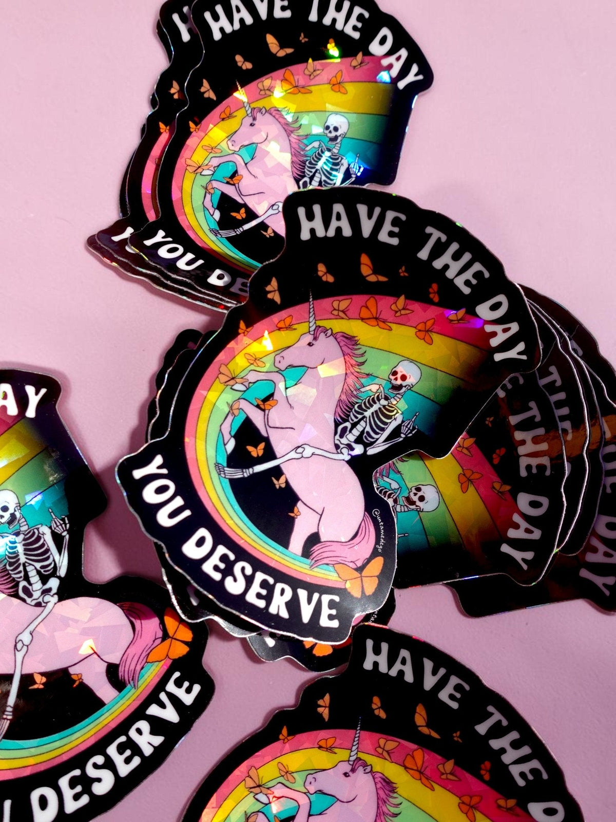 Funny Set of Have the Day You Deserve stickers, rainbow unicorn and skeleton on black