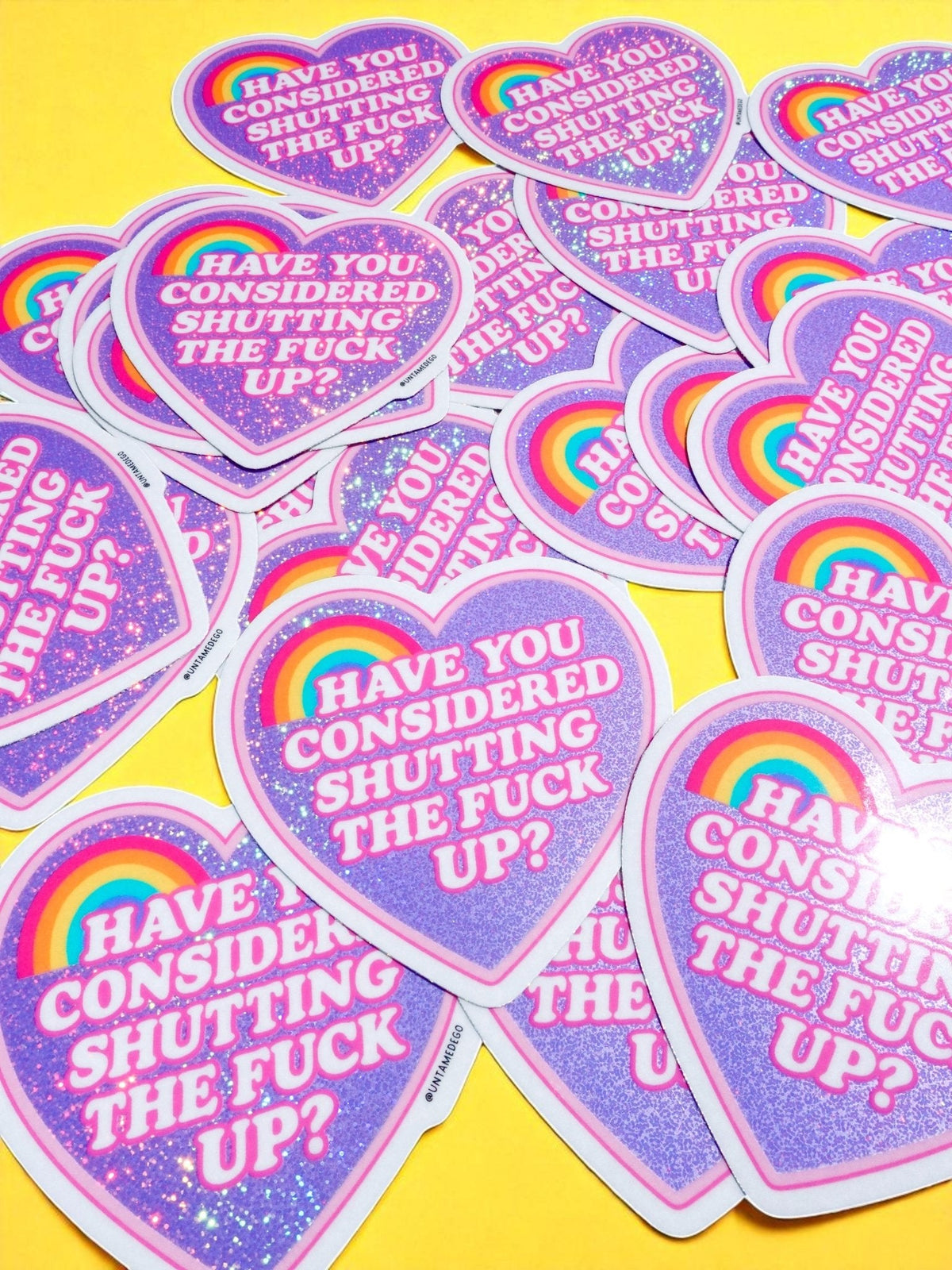 Funny Set of glitter heart stickers with rainbow text 'Have you considered shutting the FUCK up?'