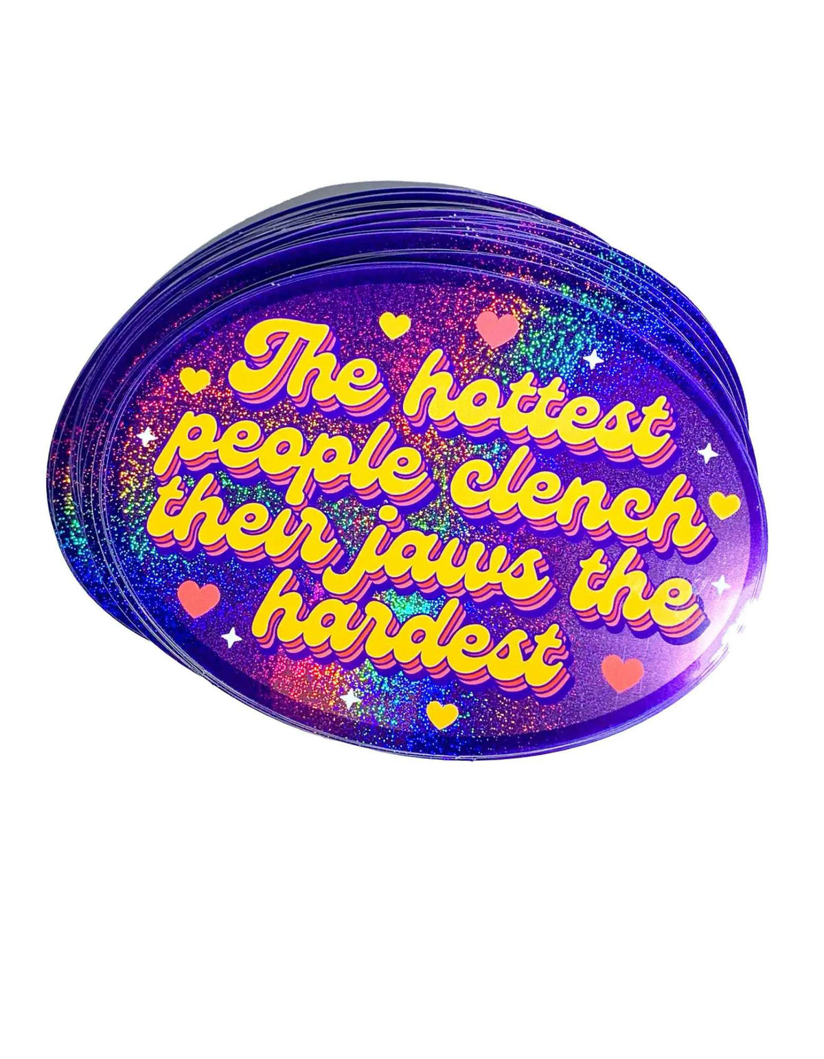 Funny Holographic glitter oval sticker, tilted; purple-blue gradient with yellow text "The hottest people..."