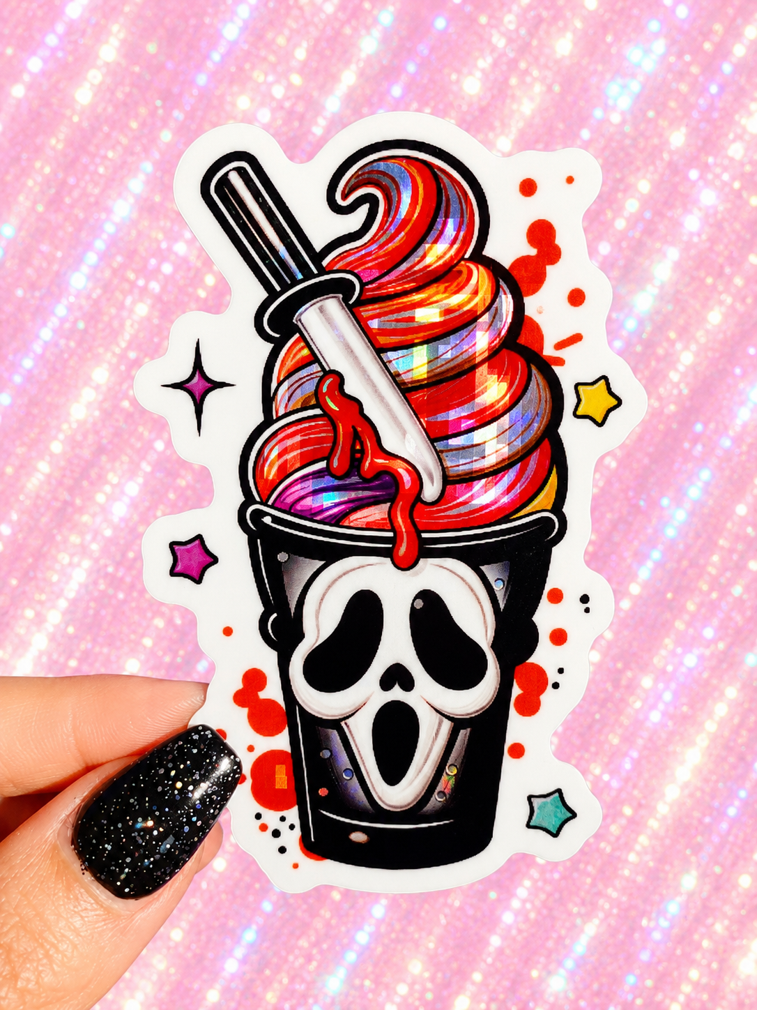 Funny Halloween sticker featuring skull-faced sundae cup with striped swirl and straw