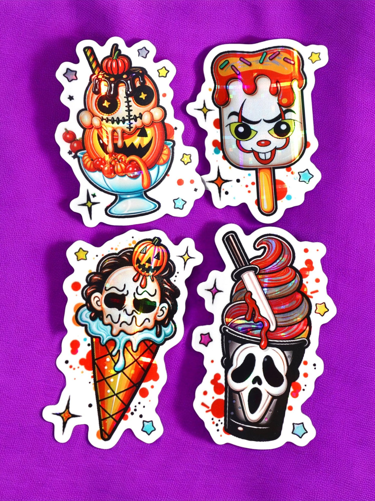 Funny Halloween ice cream sticker pack of four cartoon treats with spooky faces and props