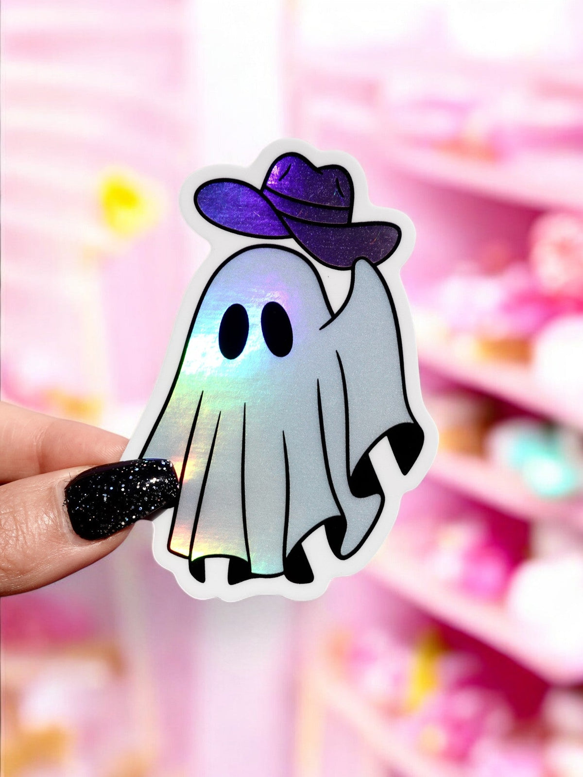 Funny Halloween ghost sticker, blue sheet ghost with purple witch hat, black eyes